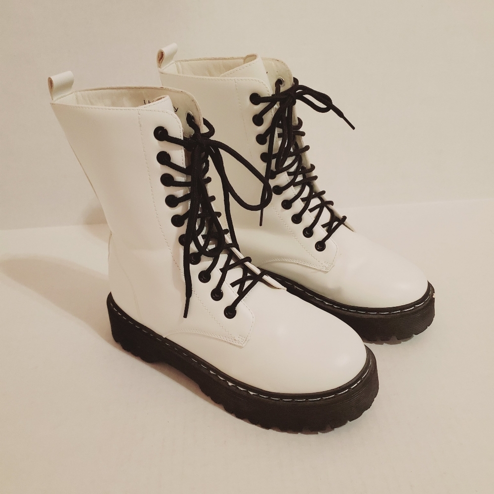 White platform chunky sole black laces combat boots